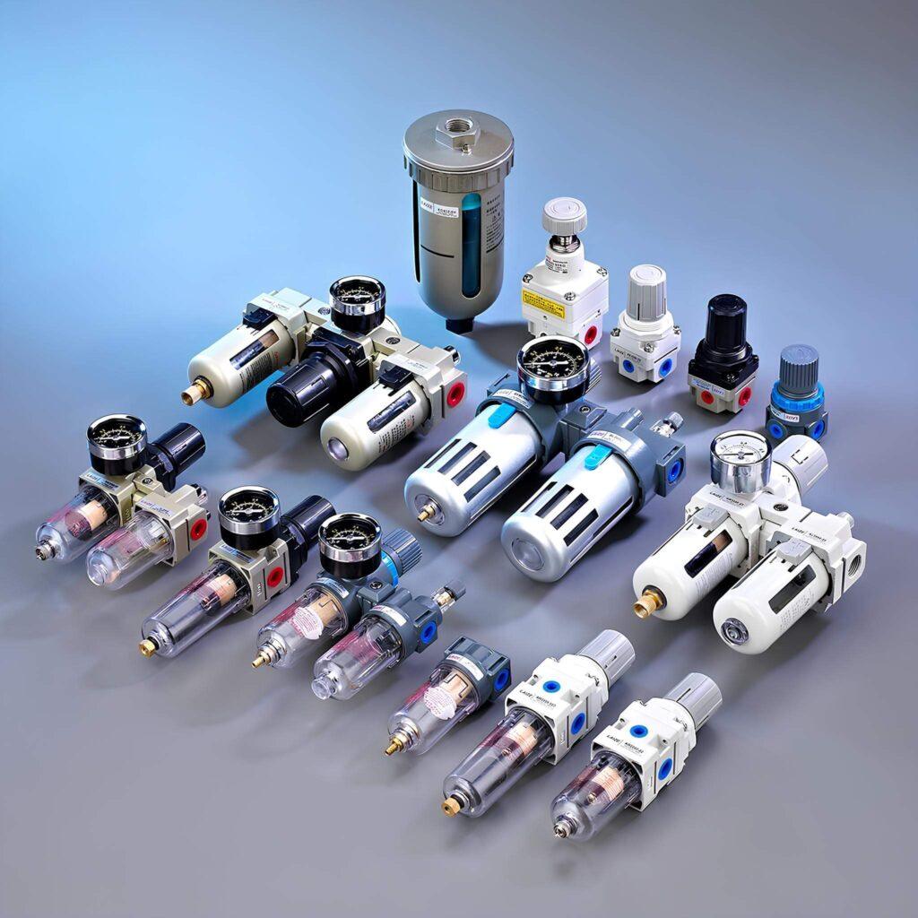 Một loạt các bộ điều áp thủy lực và khí nén với bộ lọc và đồng hồ đo, cần thiết để duy trì áp suất tối ưu trong các hệ thống truyền động thủy lực công nghiệp.