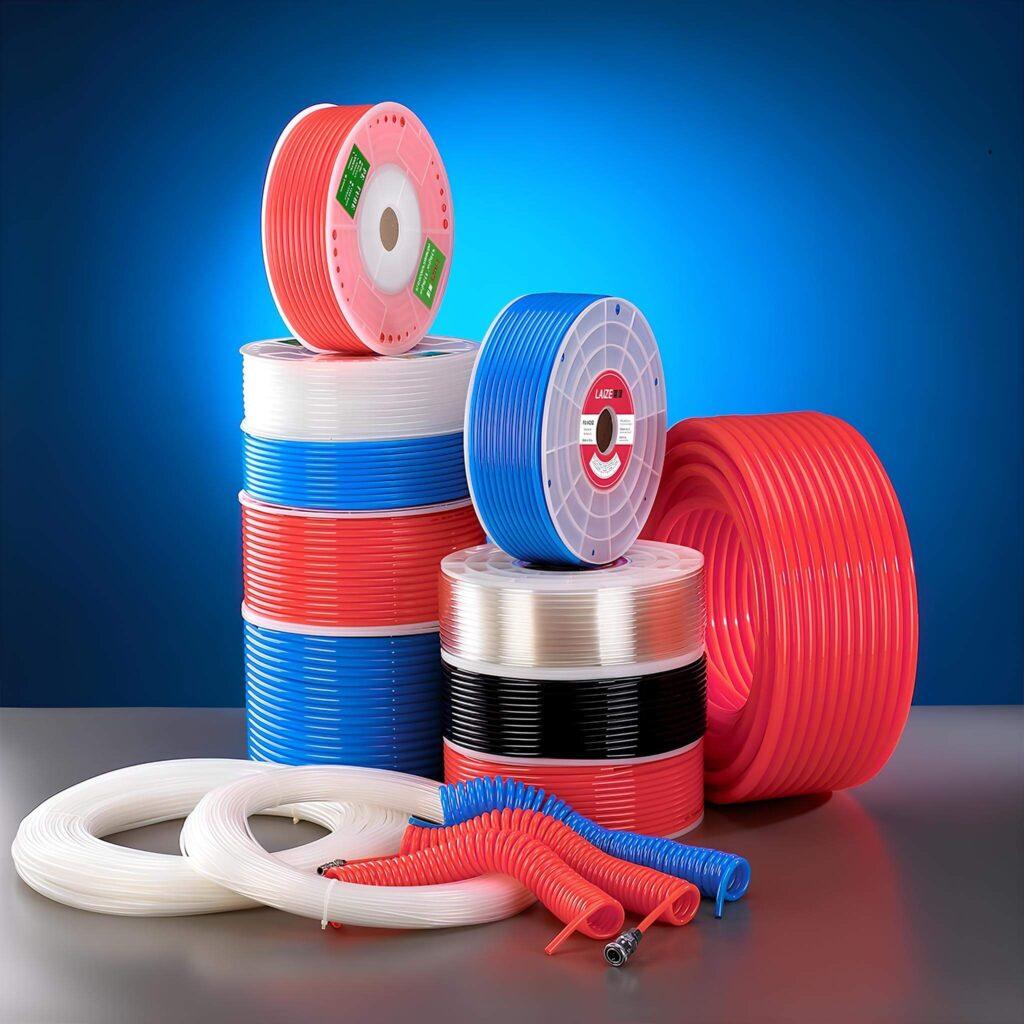 Một bộ sưu tập ống khí công nghiệp với nhiều màu sắc như xanh, đỏ và trắng, bao gồm các tùy chọn ống cuộn và ống thẳng, phù hợp cho các hệ thống khí nén và thủy lực.