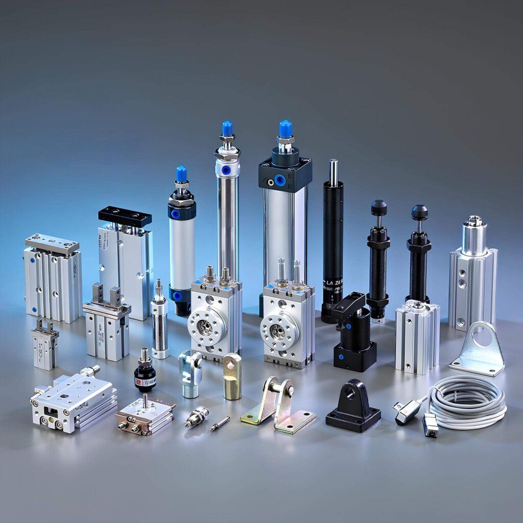 Một lựa chọn các xi lanh khí nén và phụ kiện bao gồm giá đỡ và cảm biến, được sử dụng để kiểm soát chuyển động chính xác trong máy móc công nghiệp tự động hóa.